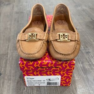 Tory Burch Royal Tan Almond Leather Driving Loafers with Gold Logo